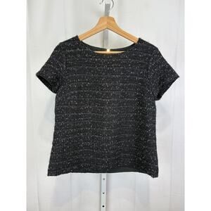 SAIL TO SABLE Shimmer Tweed Short Sleeve Top Back Zip Gray Black Gold Size M
